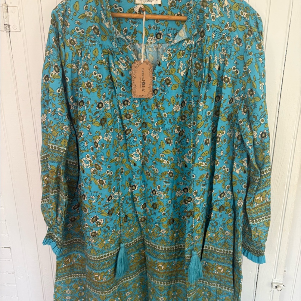 NATURAL LIFE Blue Tunic with Mandarin Collar and Relaxed Fit
